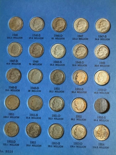 Lot of 45 Roosevelt silver dimes in Whitman book missing 3,  1946-1964