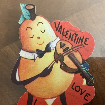 vtg greeting card valentine anthropomorphic Let's 'Pear' Up Violin Musician 1942