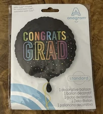 Congrats Grad Party Satin Luxe Foil Standard Balloon 18”  Rainbow & Black