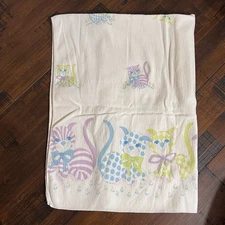 Vintage 1970s Hospital Pastel Cat Kitten Flannel Baby Receiving Blanket 24”x38”