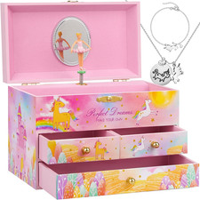 Musical Jewelry Box for Girls - 3 Pullout Drawers Unicorn Castle 7.5x4.8x4.5