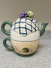 Bella Casa Tea for One Set Ceramic Teapot & Cup Fruit & Lattice Design 7”