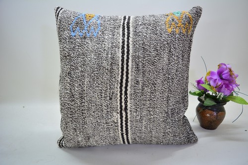Traditional Gray Hand Knotted Kilim Pillow, 16x16in, Antique Gray Retro Pillow, - Picture 6 of 10