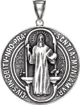 Sterling Silber Heiliger Benedikt Medaille Wende Charm Anhänger Halskette 2 Zoll