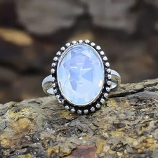 Faceted Milky Opal Gemstone Handmade Ethnic Silver Jewelry Ring Size 9 RSLS315