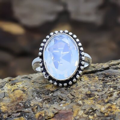 Faceted Milky Opal Gemstone Handmade Ethnic Silver Jewelry Ring