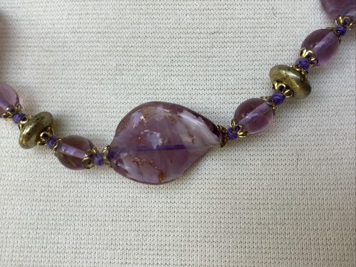 Vintage Venetian Art Glass Beaded Necklace Purple Aventurina Gold Flecks Italy - Picture 11 of 14