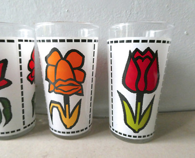 Lot Carafe Et 6 Verres à Fleurs Vintage Années 70/80 - Made In France - Verre Multicouleur