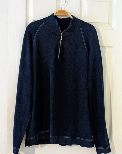 Tommy Bahama Sweater Mens L Waffle Knit Blue 1/4 Zip Pullover Cotton L/S Beachy