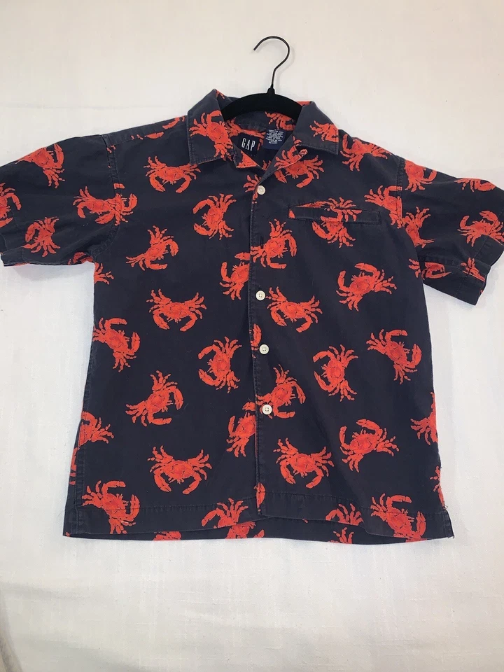 GAP BOYS RED CRAB NAVY BLUE BUTTON DOWN S/S SHIRT YOUTH SMALL 5-6 KIDS - Image 2 of 4