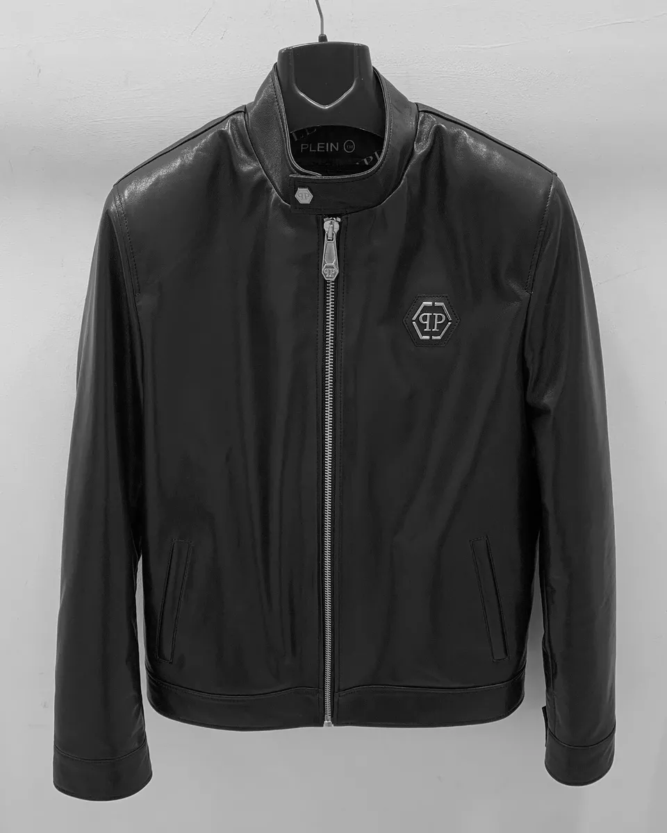 Philipp Plein Men s Black Lambskin Genuine Leather Slim Fit Jacket