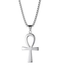 Men's Stainless Steel Egyptian Ankh Cross Pendant Chain Necklace Silver Prayer