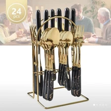 24pcs Stainless Steel Cutlery Set, European Style Marble Pattern Tableware Black