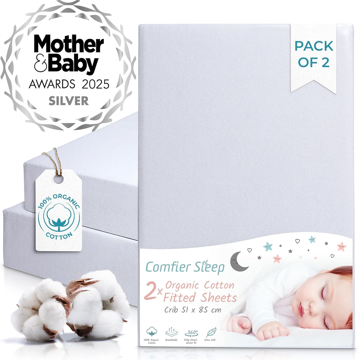 Next to Me Crib Sheets 51X85Cm Award Winning 100% Organic Cotton