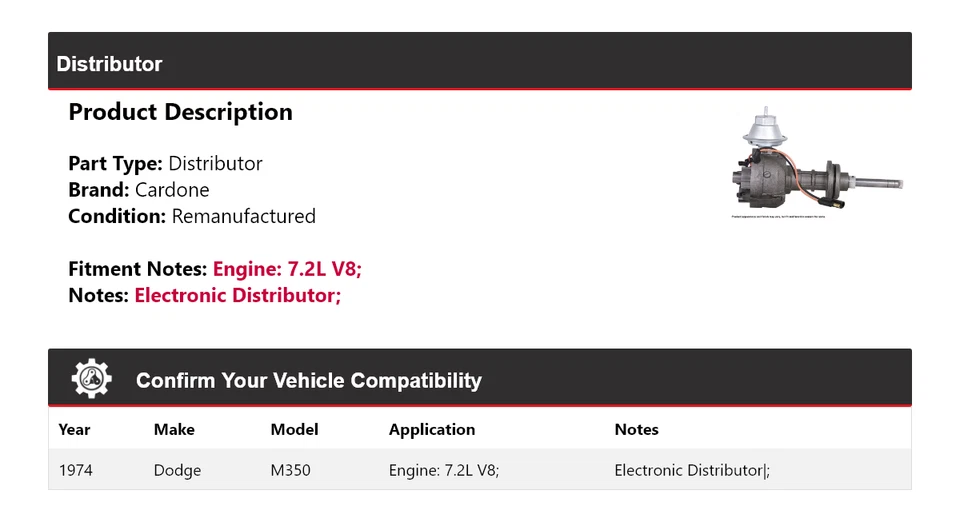Dodge M350 1974 7,2 L V8 distribuidor Cardone Foto 2 de 4
