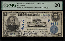 1902 $5 National - Woodland, CA - Plain Back - Charter# 9493 - PMG 20