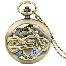 Antique Style Vintage Bronze Tone Biker Motocycle Quartz Pocket Watch Necklace