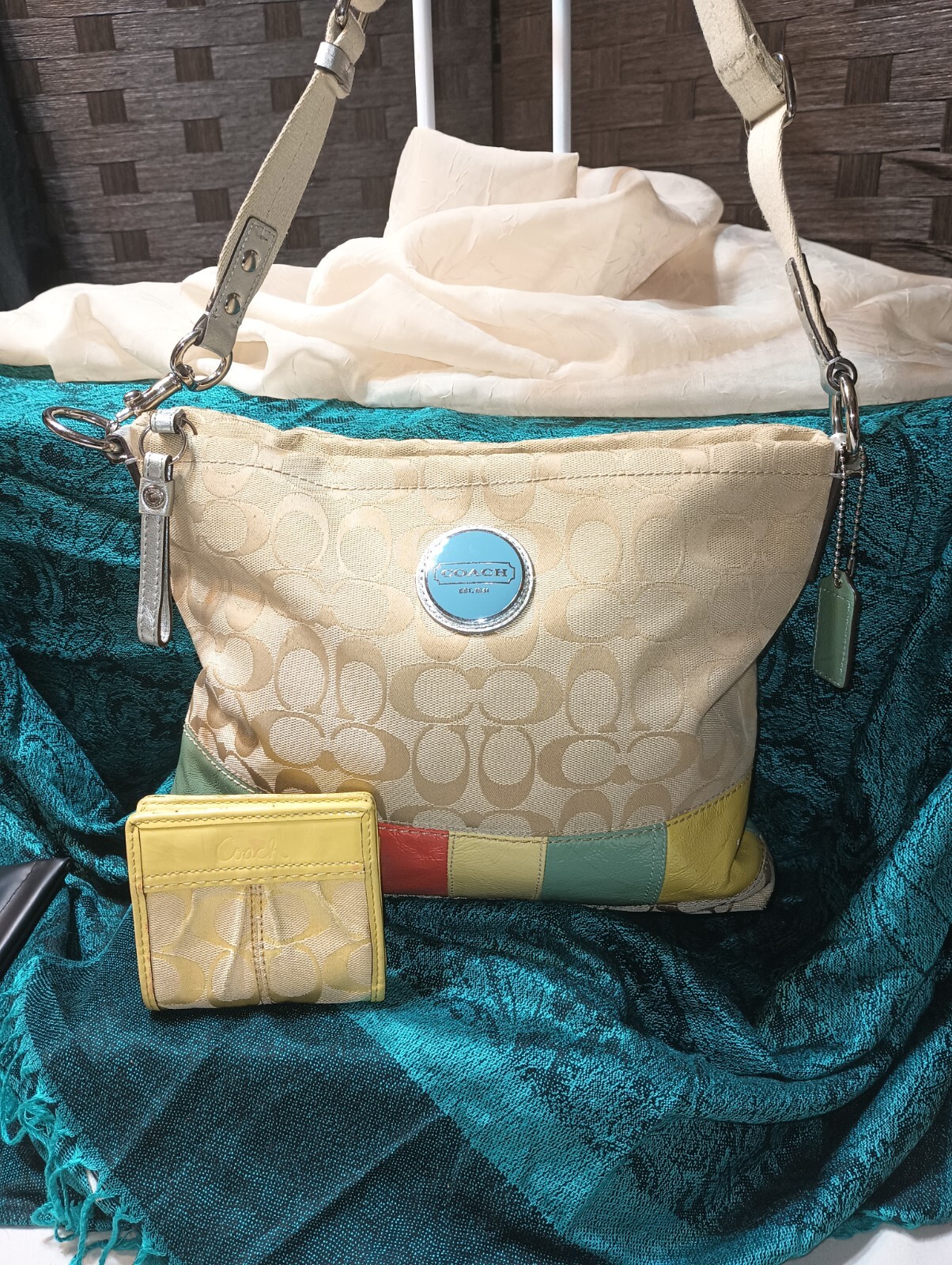 Coach F17441 Khaki Color Block Stripe Crossbody Bag with Adjustable Strap & Wallet