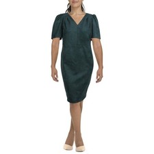 Calvin Klein Womens Hunter Green Faux Suede V-Neck Puff Sleeve Sheath Dress 14W