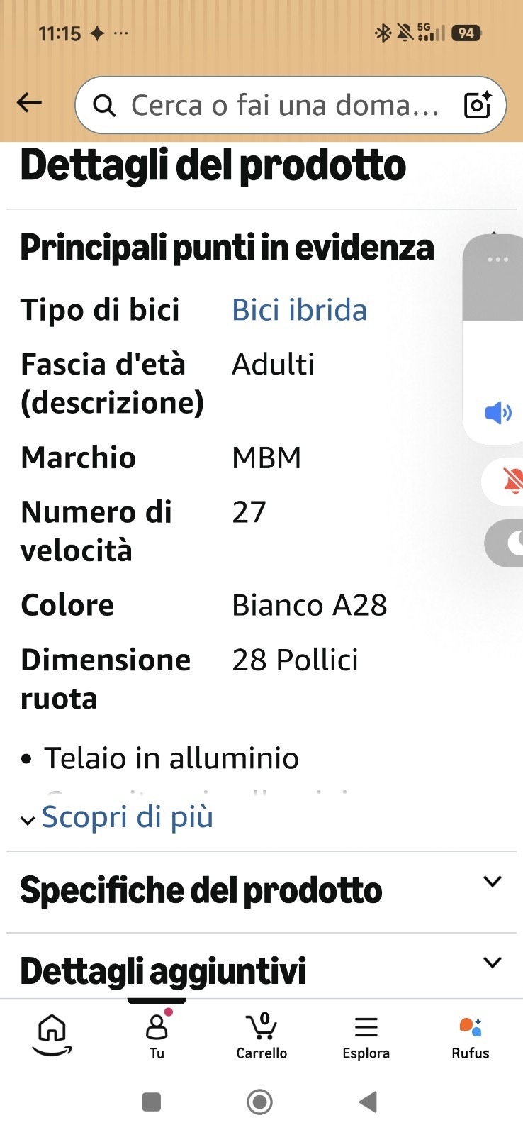 MBM Skin bici ibrida uomo 28" bianca telaio alluminio 27 cambi freni a disco — foto 6