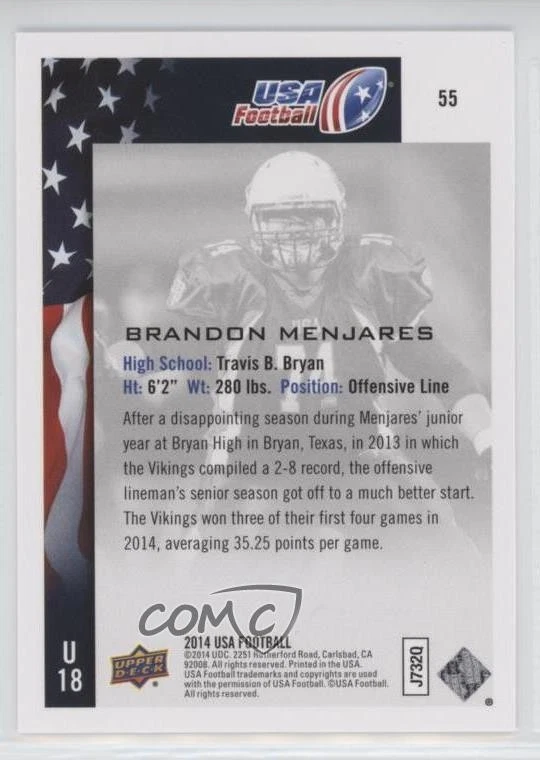 2014 Upper Deck USA Football Brandon Menjares #55 - Image 2 of 2