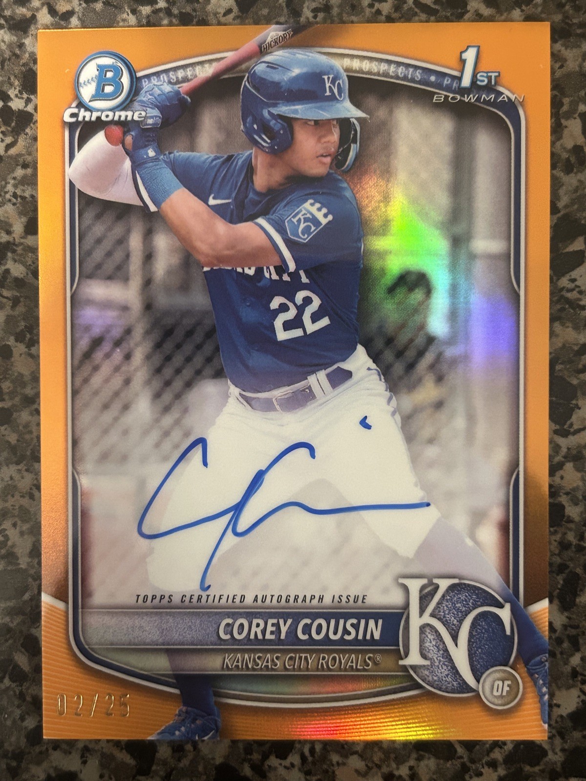 2025 Bowman Chrome Baseball 1st TRUE Orange Ref Auto /25 Corey Cousin Royals