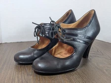 Sofft Leather Lace Up Heels Womens 9 N Black Mary Jane Granny Secretary Retro