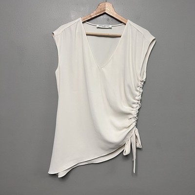 Amanda Uprichard Women s Sleeveless Cream Ruched Sided W/ Tie Shirt Medium