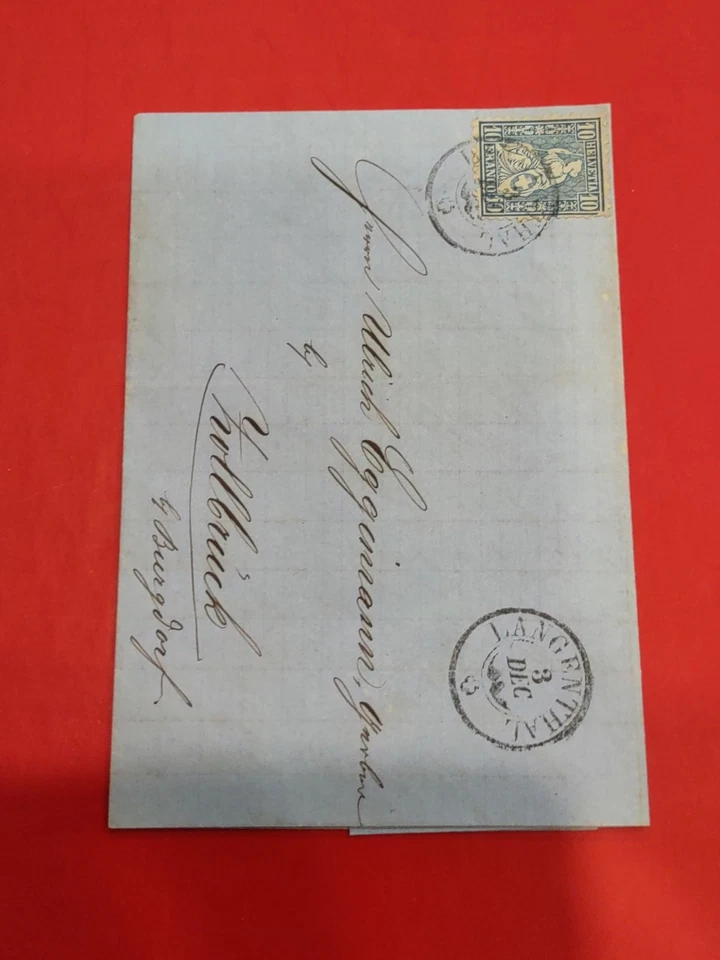 Suiza Sobre con fecha 1866, 10c, azul, Langenthal cancelado (0802-2) Foto 2 de 4