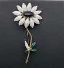 Vintage Black  Milk Glass Enamel Leaf Rhinestone Flower Brooch Pin 3.5"
