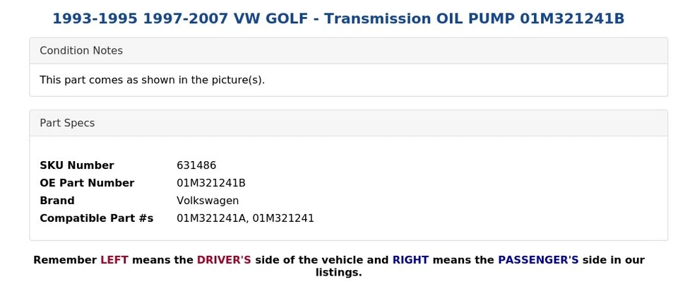 1993-1995 1997-2007 VW GOLF - Transmission OIL PUMP 01M321241B - Image 3 of 3