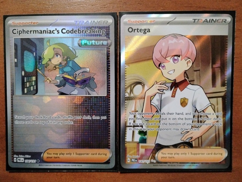 Pokemon Trainer Cards - Ciphermaniac's Codebreaking & Ortega w/ Eevee Sleeves