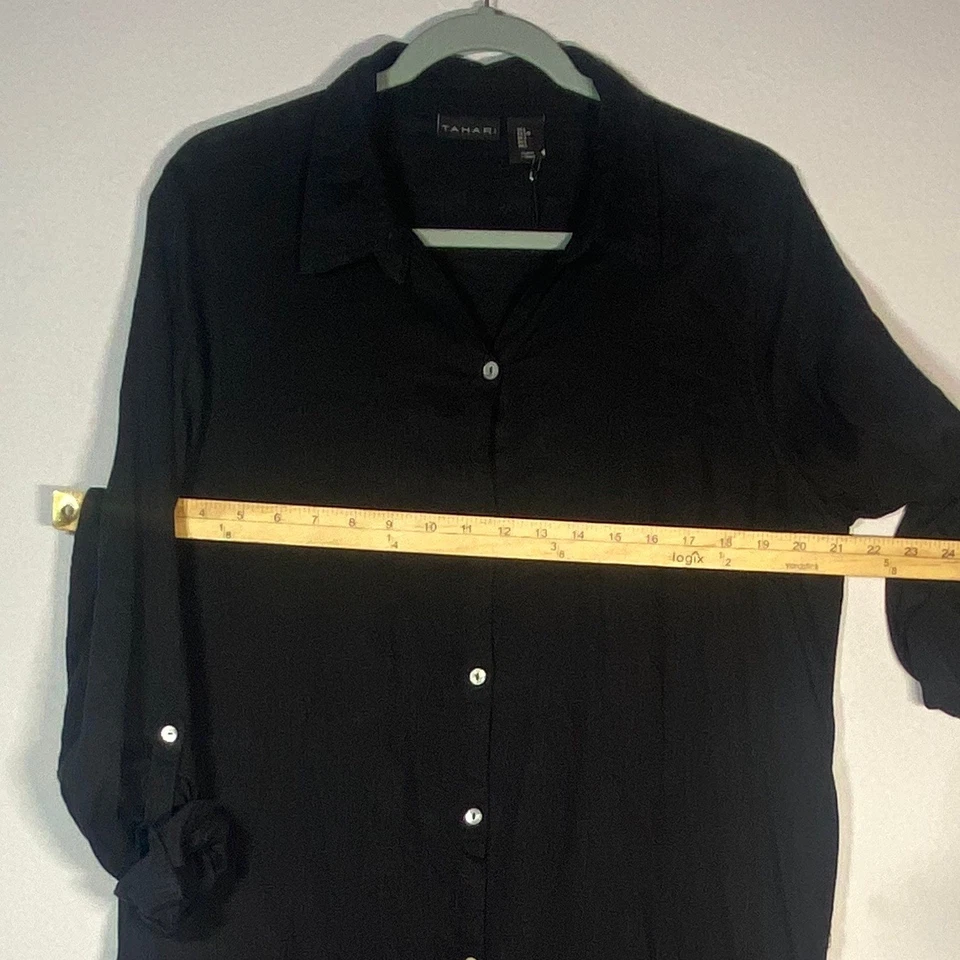 Tahari Black Linen Blend Midi Shirt Dress Roll Tab Sleeve Women's Size L NWT - Image 4 of 4