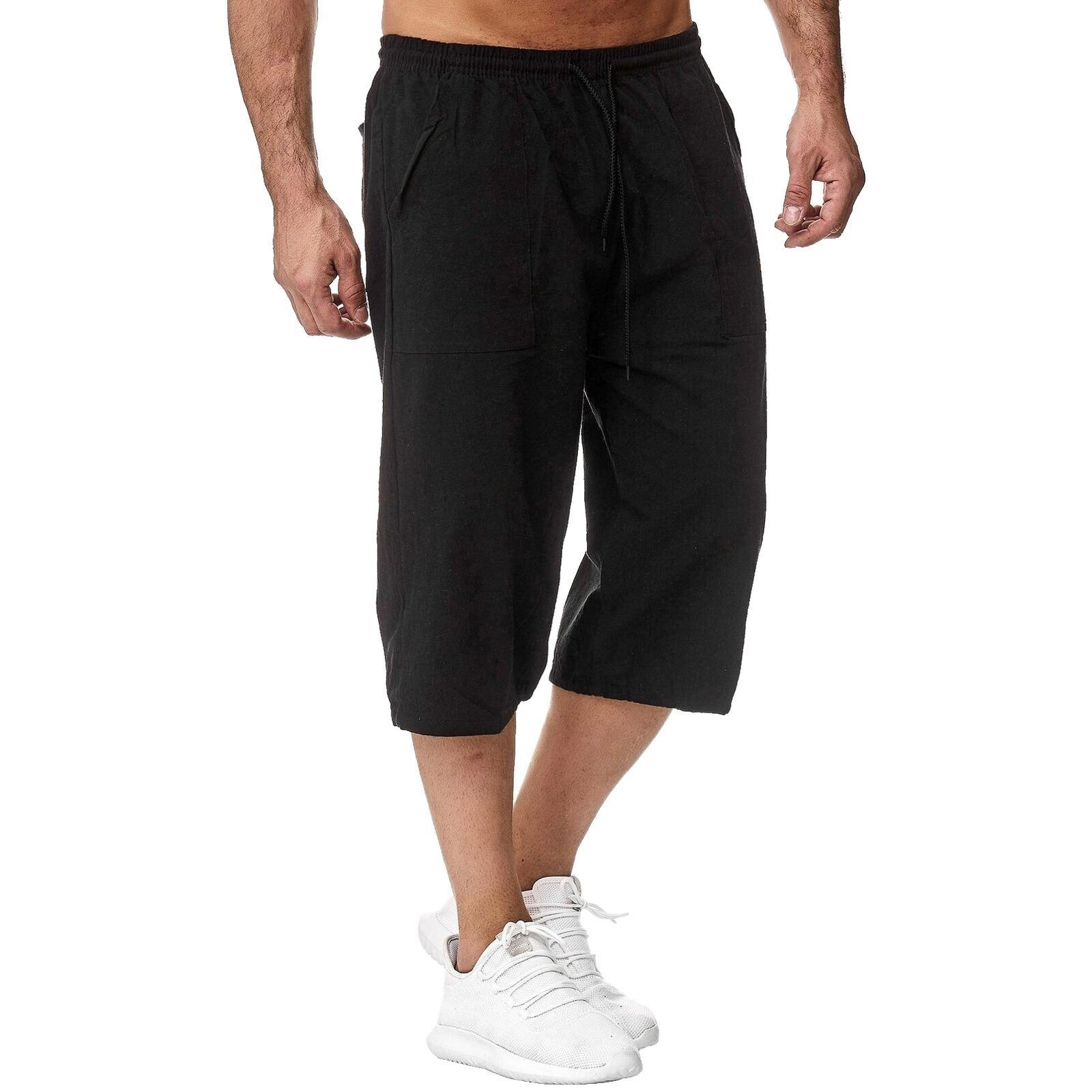 Mens Cotton Linen 3/4 Length Shorts Elasticated Waist Cargo Three Pants