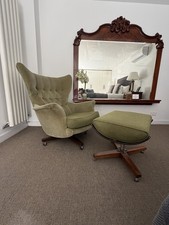 G Plan Model 6250 Green Velvet Upholstered Armchair w/ Footstool Dark Wood.