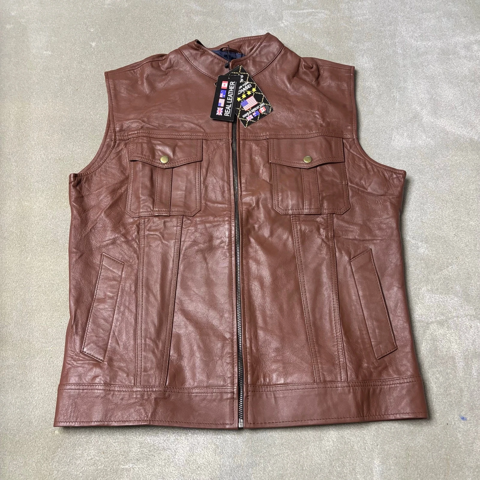 Brown Real Leather Vest Mens Small Biker Motorcycle Sleeveless Zip Front Pockets