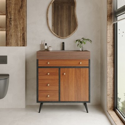 Mid-Century Modern Bathroom Vanity w/ Ceramic Sink & Sintered Stone Top, 29.9''