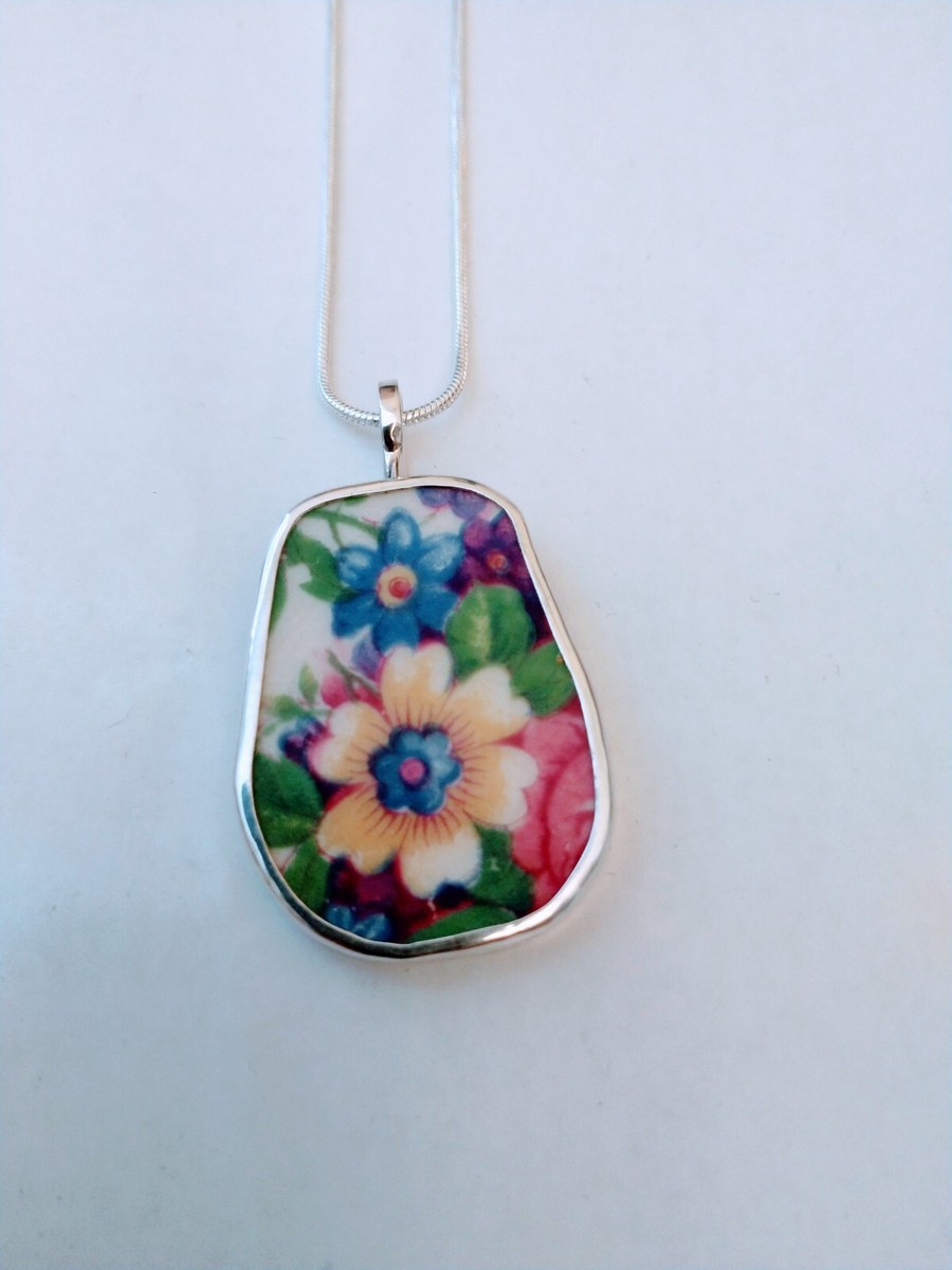 Broken China Jewelry, Pendant. Sterling Silver COLORFUL