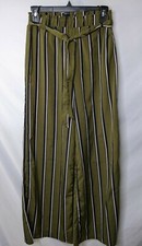 Forever 21 Womens Pants Small Green Striped Wide Straight Leg Tie Flat Front