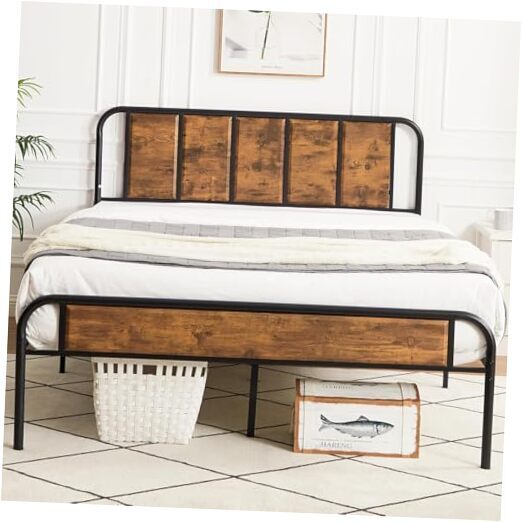 Queen Size Bed Frame with Wooden Headboard & Footboard,Queen Bed Metal