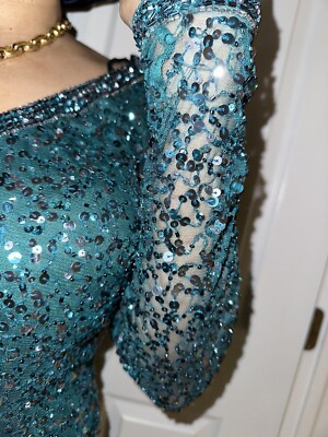 aidan mattox green sequin dress Aidan Mattox Women Sz 6 Green Silver Sheer Sequin All Over Party Sparkle  Dress