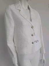 Zara Ivory Tweed Long Sleeve V-neck Jacket Blazer Gold Buttons Sz M NWT 129