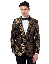 Mens Gold Brocade Paisley Print on Crimson Black Jacquard Jacket Tailored Fit