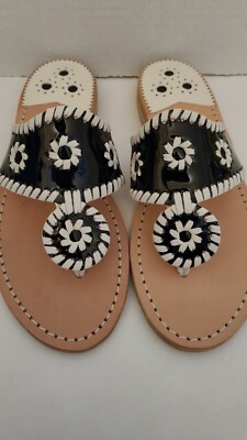 Jack Rogers Jacks Patent Leather Flat Sandal Black/White Woman's Size Or  NEW