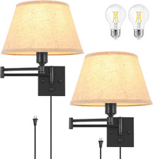 Dimmable Swing Arm Wall Sconces Set of 2 with Beige Fabric Shade Bulbs