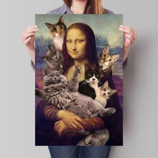 Mona Lisa and the Cats Wall Art Decoration Canvas Painting Poster Mural Funny