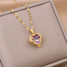 Stainless Steel Chain Necklace, Love Colorful Heart Pendant NEW