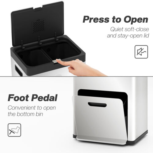 3 Compartment Kitchen Bin, Stainless Steel Pedal Bin for Recycling and Waste - Picture 6 of 11