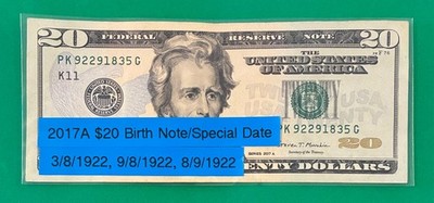 輝く人 2017A $20 Dollar Bill Birth Note Reverse (K92291835) 3/8/1922