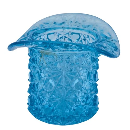 Vintage Aqua Blue Glass Top Hat Vase"Daisy & Button" Pressed Pattern 3"x2.5" MCM